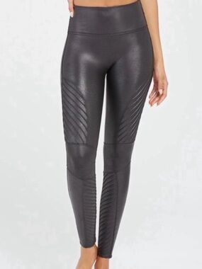SPANX faux leather moto leggings size small black shaping biker classic slimming